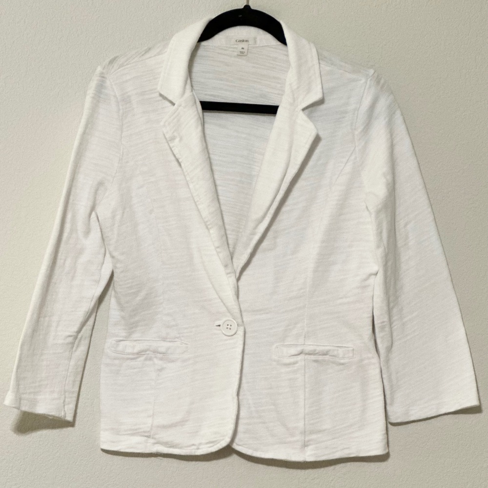 Nordstrom‎ Caslon White Textured Cotton One Button Knit Blazer Jacket Size M